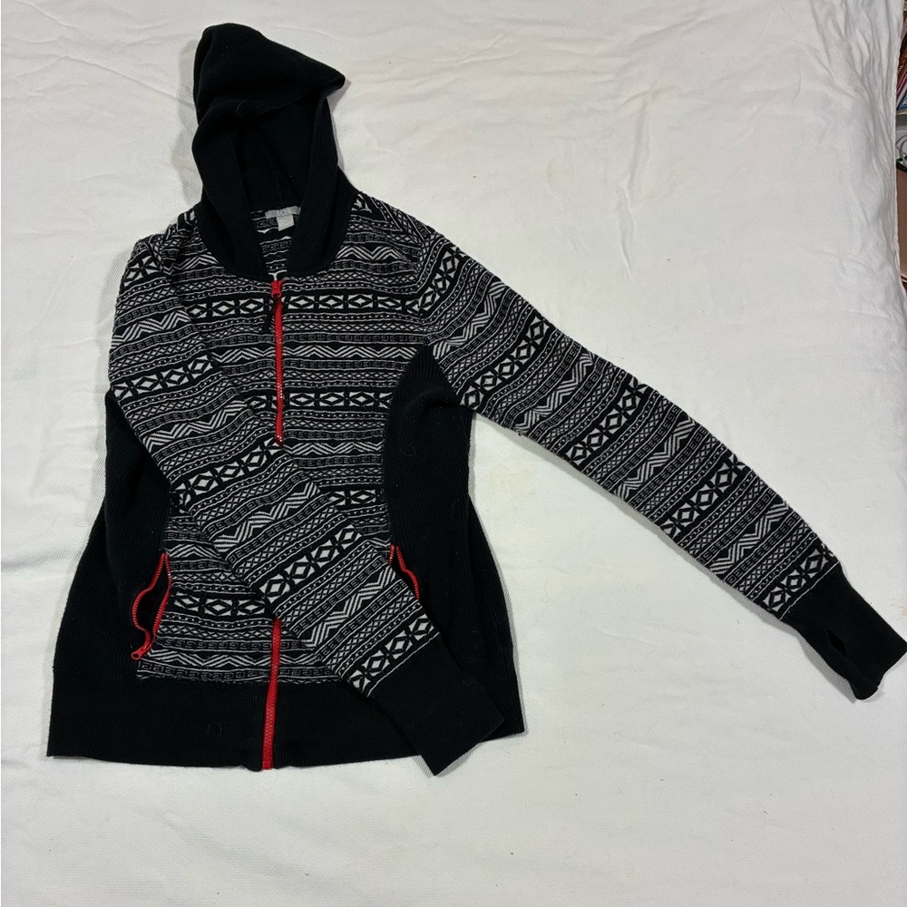 SKYR Large L Fair Isle Full Zip Hoodie Sweater Red Zipper‎ Thumbholes Nordic